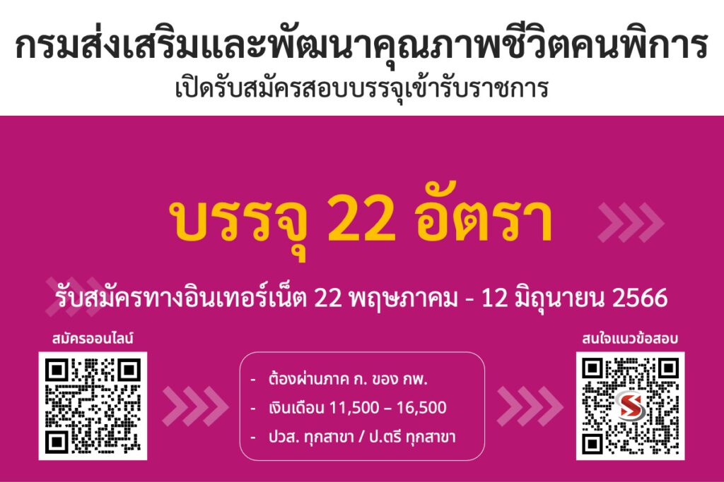 กรมส่งเสริมและพัฒนาคุณภาพชีวิตคนพิการ เปิดรับสมัครสอบบรรจุเข้ารับราชการ 22 อัตรา รับสมัครทางอินเทอร์เน็ต ตั้งแต่วันที่ 22 พฤษภาคม - 12 มิถุนายน 2566